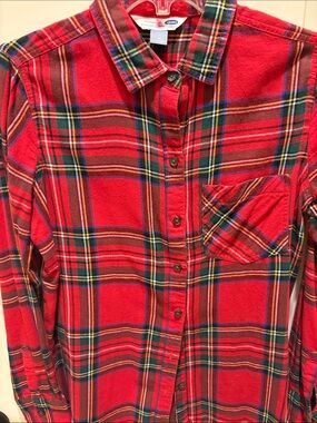 Old Navy Red Plaid Button-Down Shirt with Green, Navy & Yellow Accents